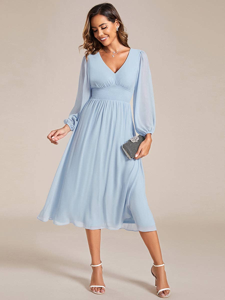 light blue chiffon dress knee length Cheap Strapless Pleated Flowers One Shoulder Knee Length Light Blue Ch   AlineBridal